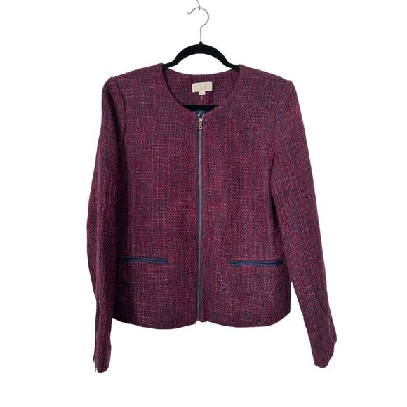 LOFT Blazer Womens Size 10 Burgundy Blue Wool Tweed Collarless Full Zip Jacket - Picture 6 of 12
